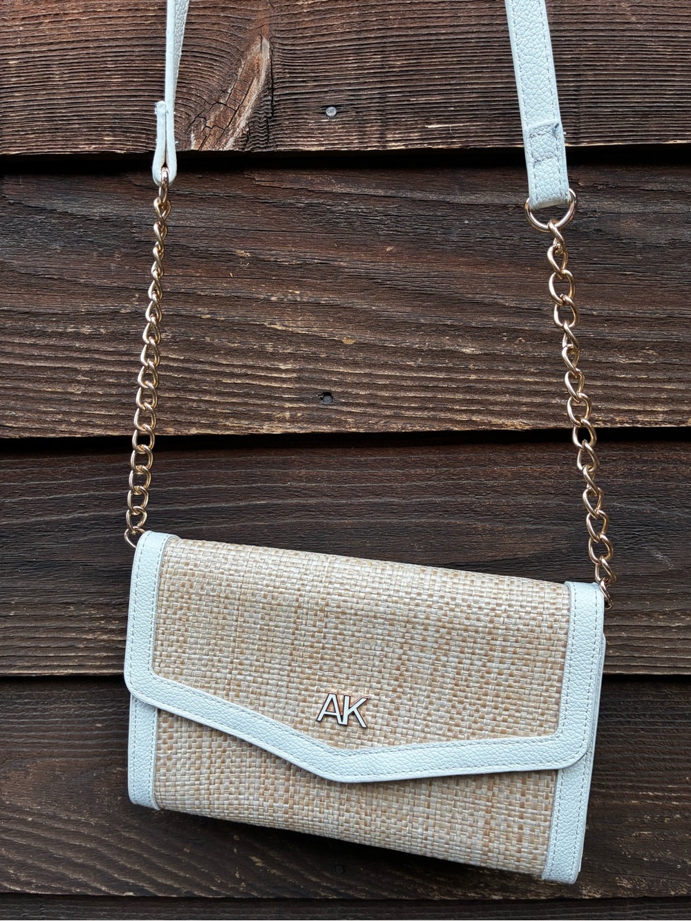 Anne Klein Natural Straw Crossbody with White Trim and Gold Chain
